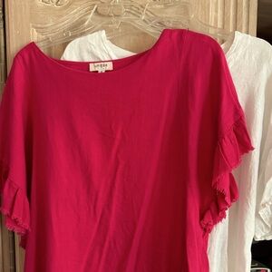 Umgee Fuchsia Ruffle sleeve and White linen  Blouses